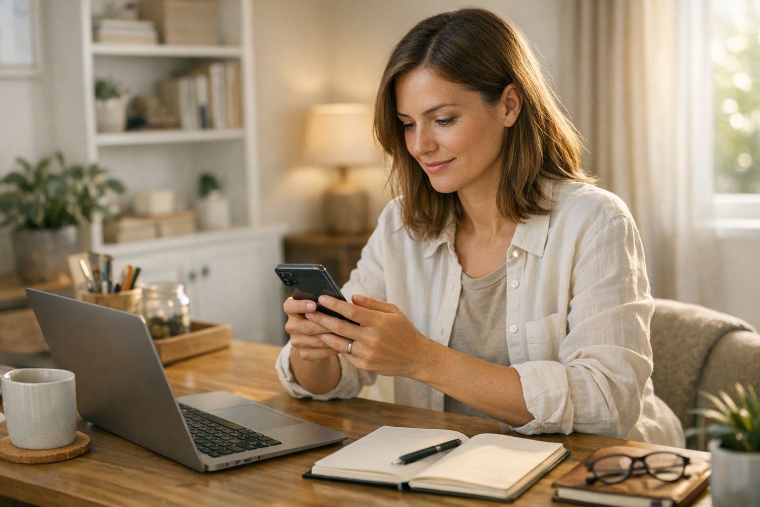 En realistisk livsstilsbild av en person som använder en smartphone för att hant...