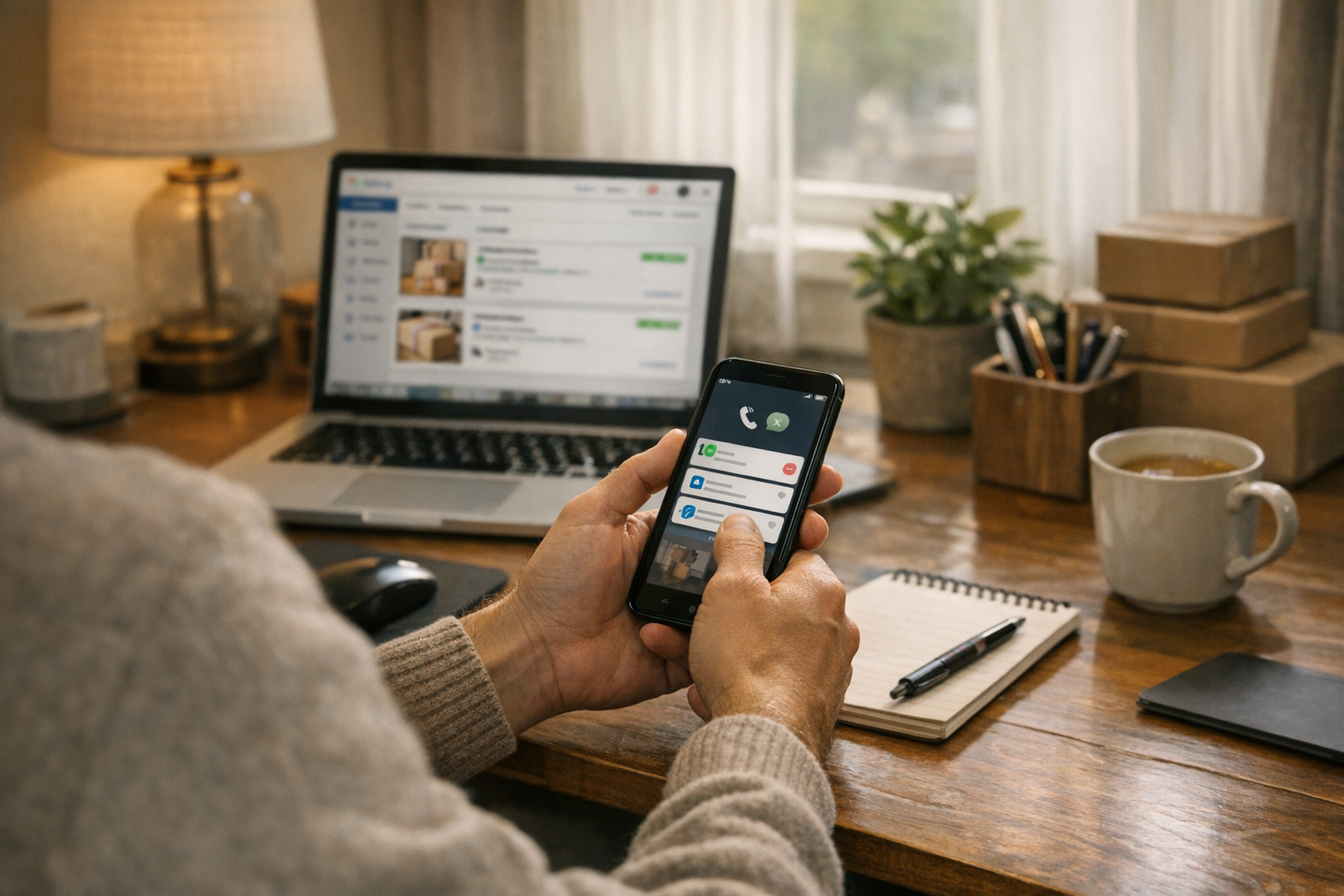 Eine realistische Alltagsszene, in der eine Person im Homeoffice mit einem Smart...