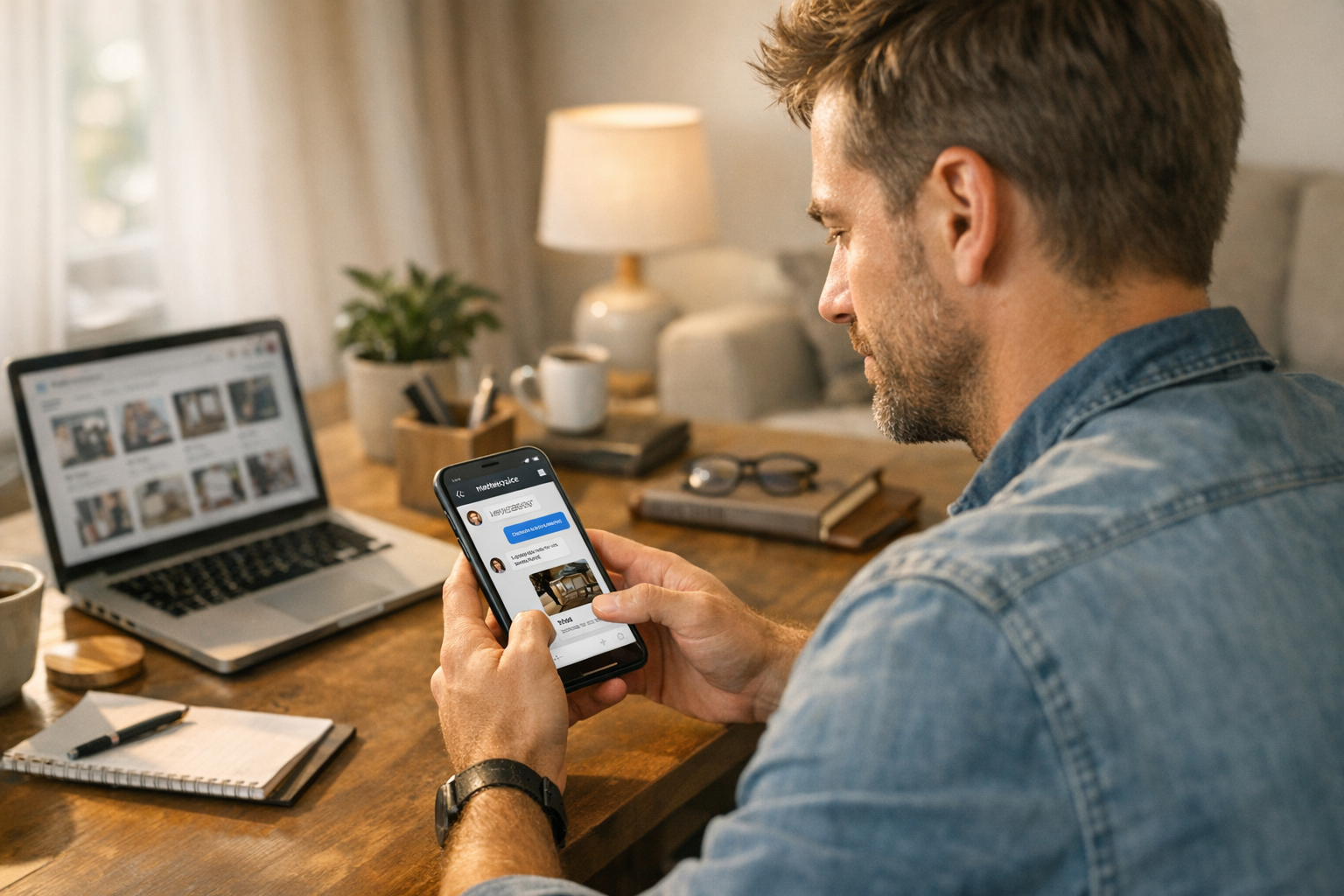 סצנת לייפסטייל ריאליסטית של אדם המשתמש בסמארטפון כדי לנהל הודעות ושיחות ממרקטפלי...