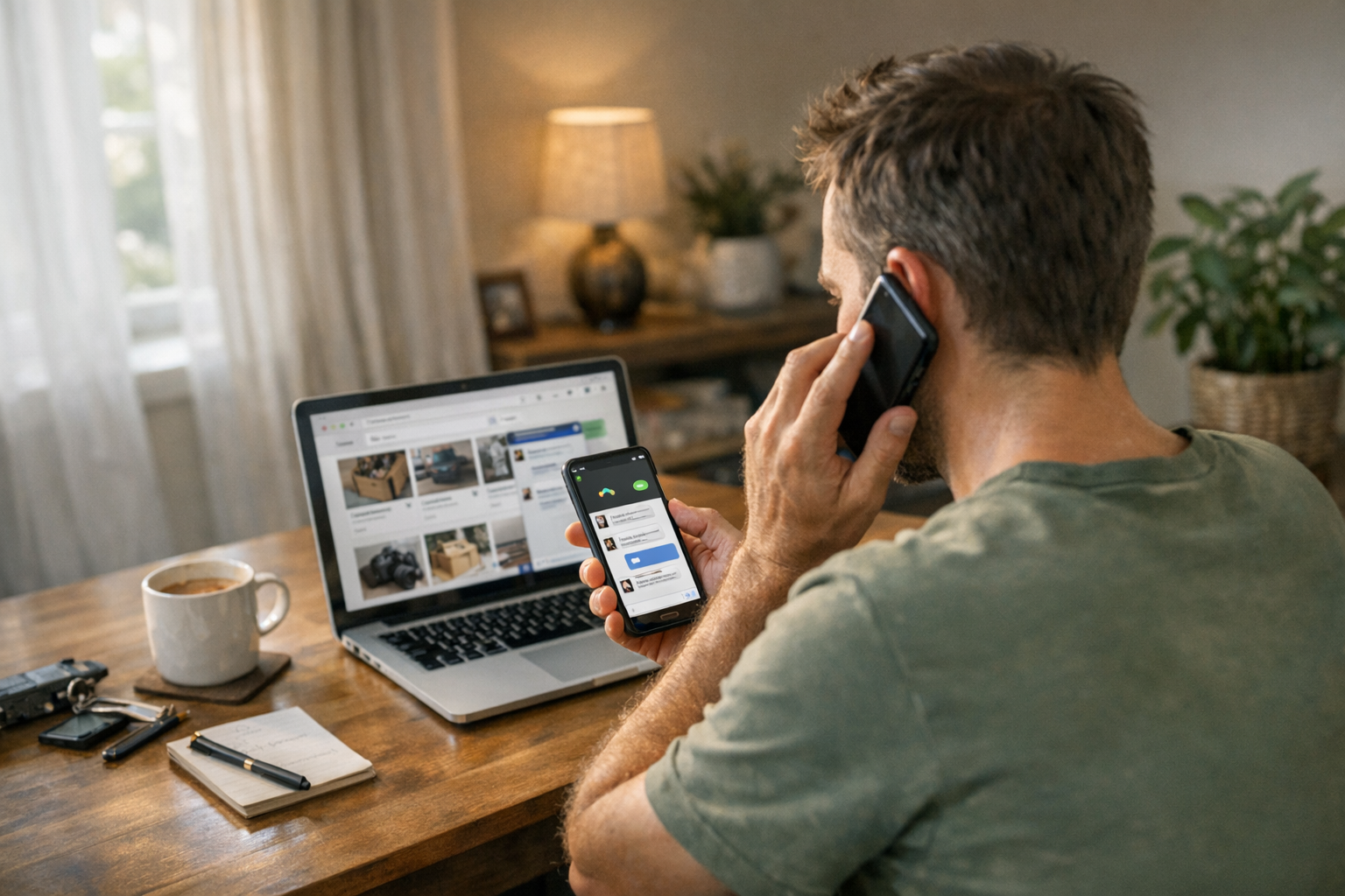 En realistisk hverdagsscene med en person, der bruger en smartphone til at håndt...