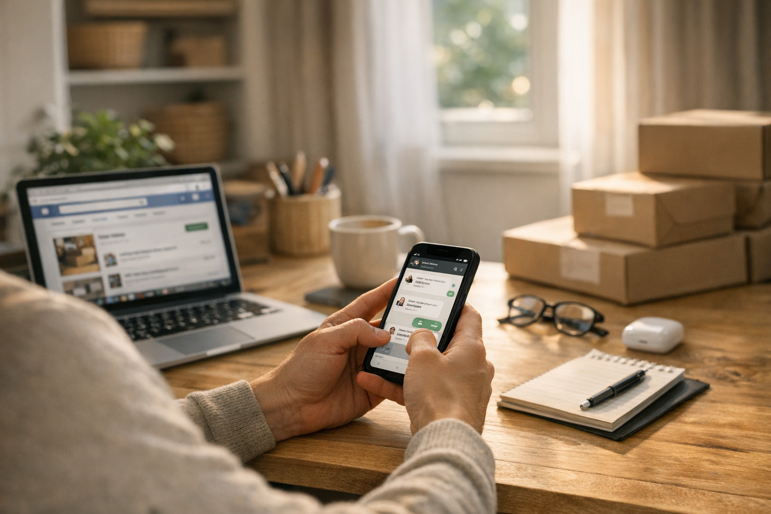 Una scena di vita quotidiana realistica con una persona che usa uno smartphone p...