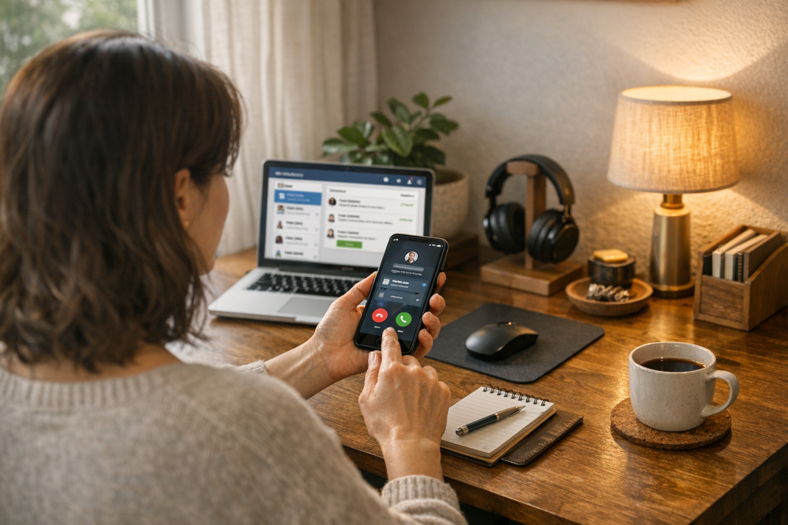 Evden çalışırken akıllı telefonuyla pazar yeri mesajlarını ve aramalarını yönete...