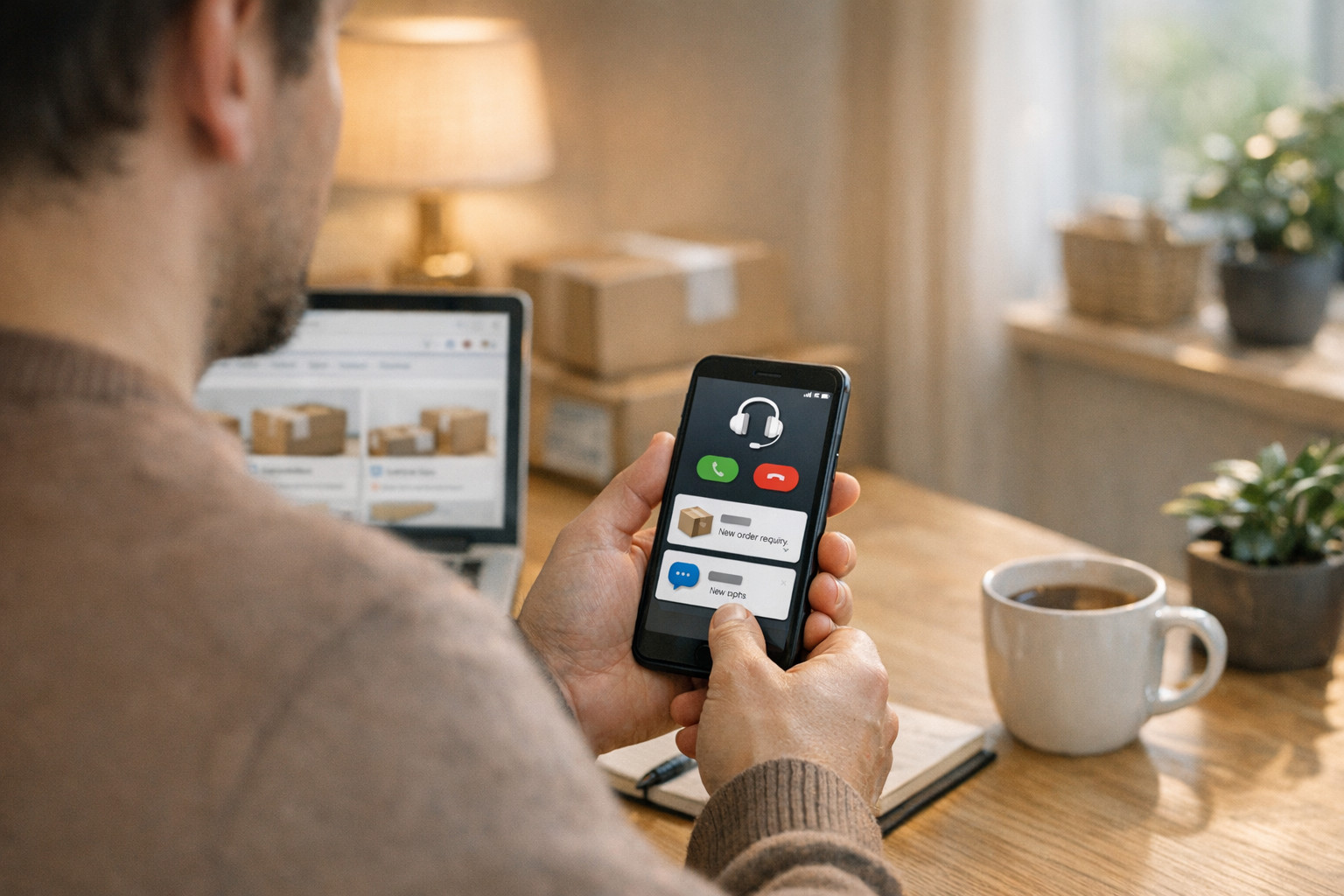 Реалистичная жизненная сцена: человек использует смартфон для управления сообщен...