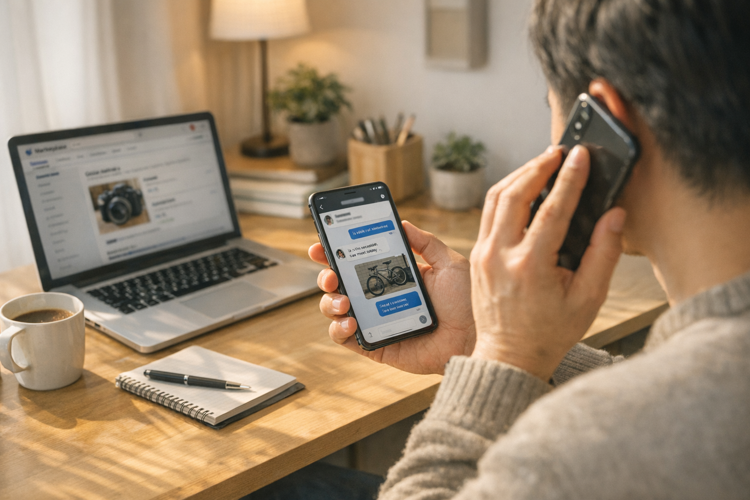 집에서 일하는 사람이 스마트폰으로 중고거래 마켓플레이스 메시지와 통화를 관리하는 사실적인 라이프스타일 장면, 프라이버시와 정돈된 느낌이 은은하게...