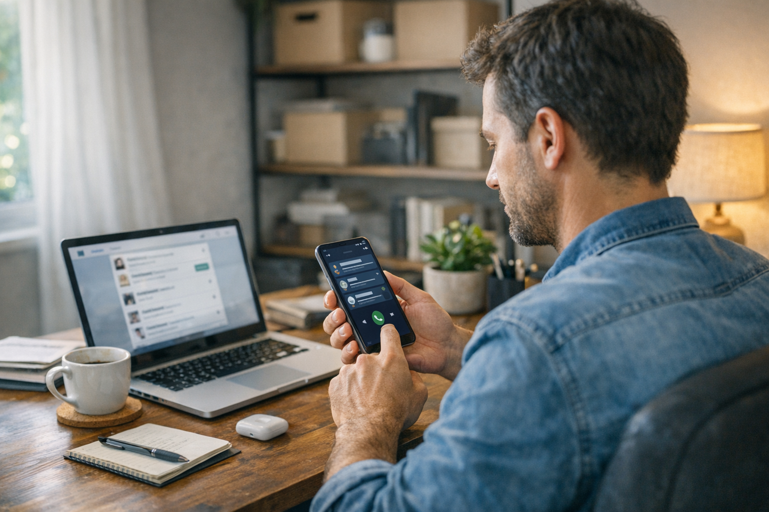 مشهد حياة يومية واقعي لشخص يستخدم هاتفاً ذكياً لإدارة رسائل ومكالمات منصة بيع أث...