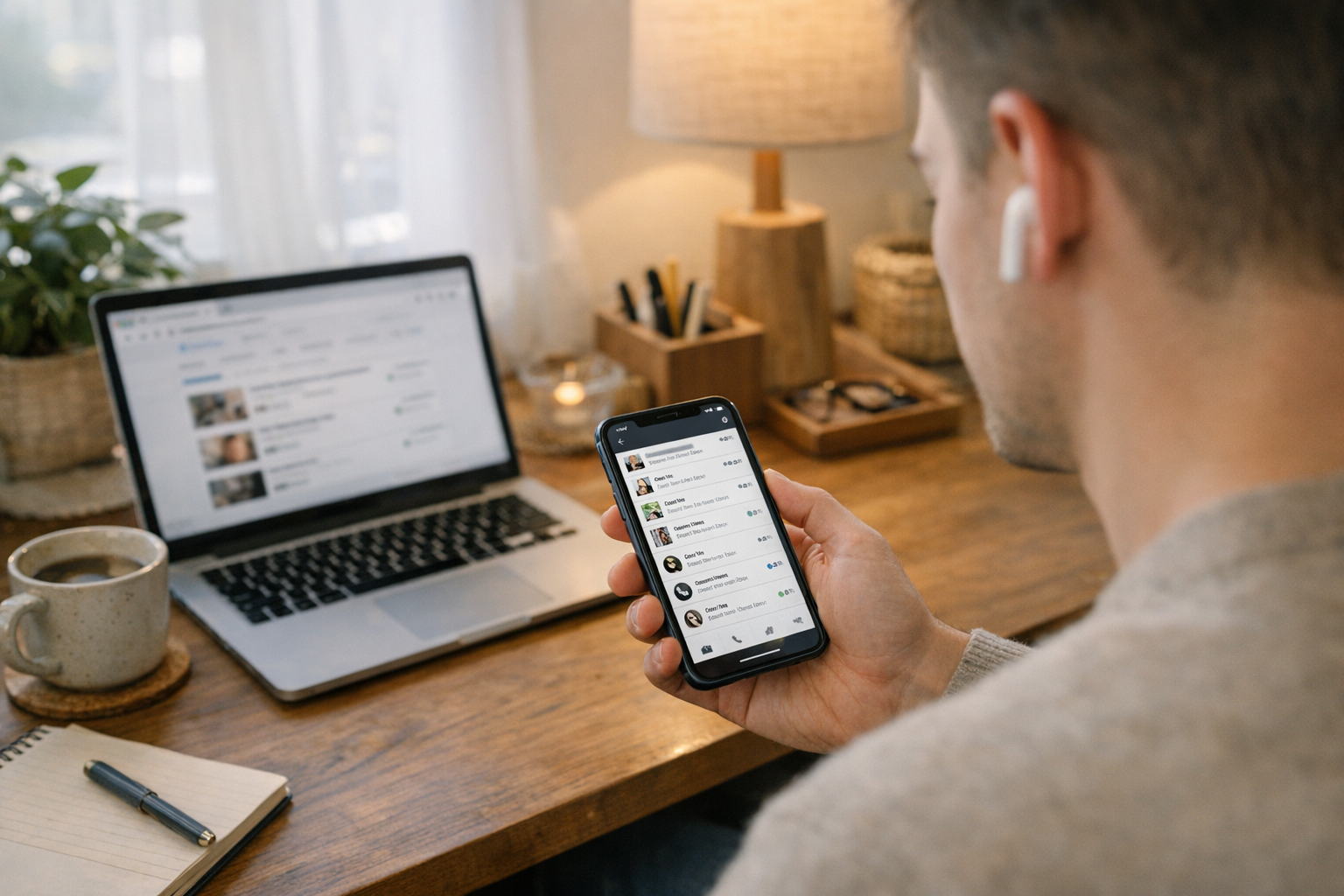 Een realistische lifestyle-scène van iemand die op een smartphone marktplaatsber...