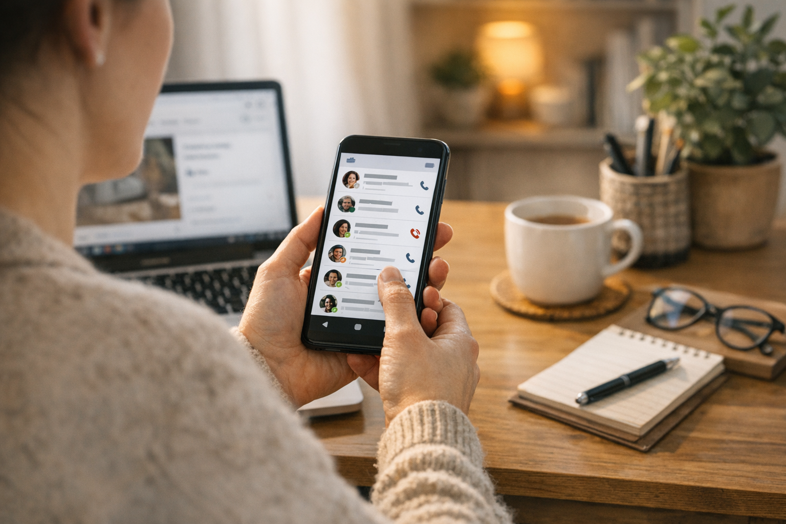 Realistyczna scena lifestyle: osoba używa smartfona do zarządzania wiadomościami...