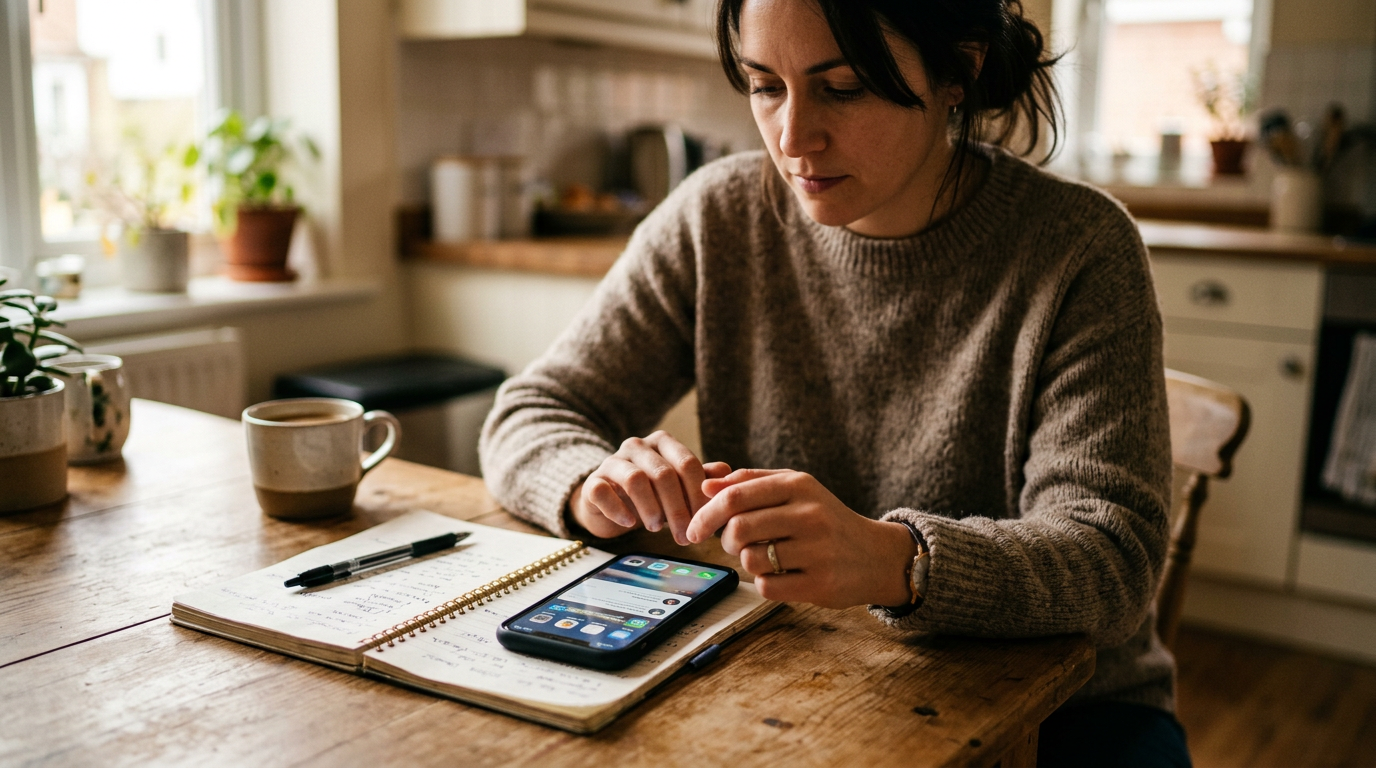Realistic close-up of a person organizing personal and work communication on a s...