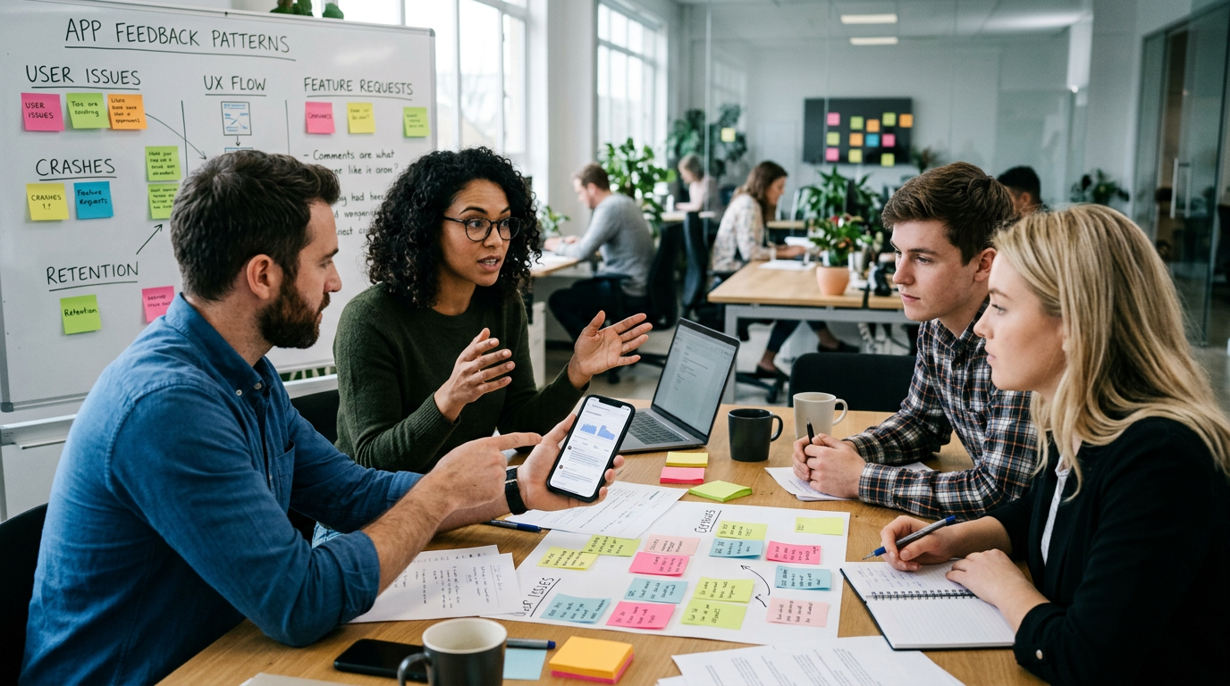 Analytical editorial scene showing a small team reviewing app feedback patterns ...
