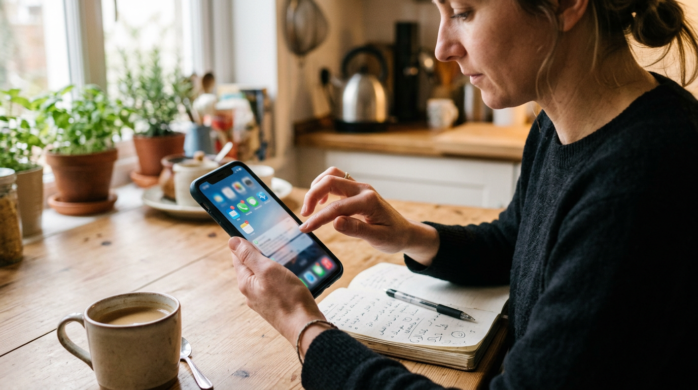 لقطة قريبة واقعية لشخص ينظم تواصله الشخصي والمهني على هاتف ذكي فوق طاولة مطبخ، م...