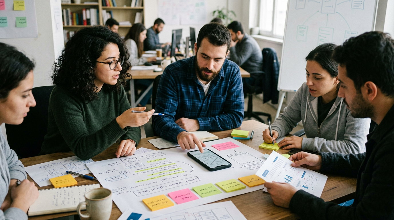 مشهد تحريري تحليلي يُظهر فريقًا صغيرًا يراجع أنماط ملاحظات التطبيق على أوراق ومل...