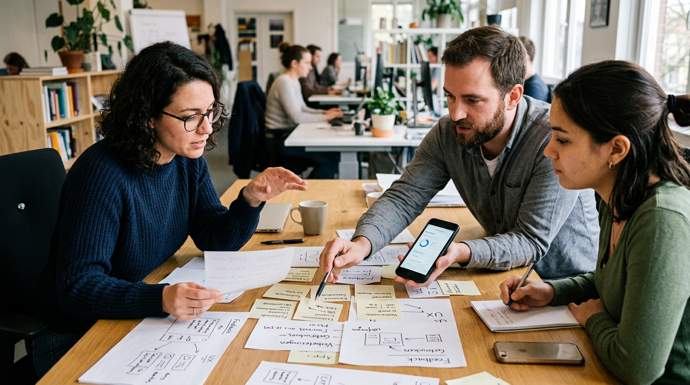 Analytische redactionele scène waarin een klein team feedbackpatronen van een ap...