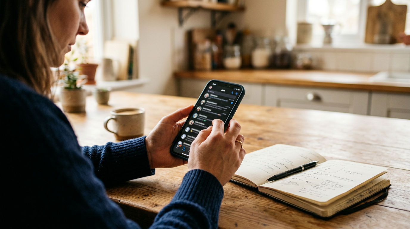 Realistische close-up van iemand die persoonlijke en zakelijke communicatie orga...