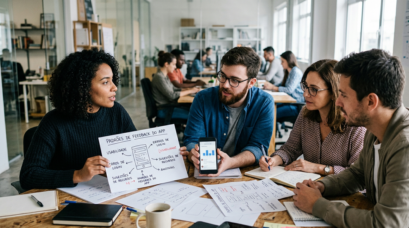 Cena editorial analítica mostrando uma pequena equipe revisando padrões de feedb...
