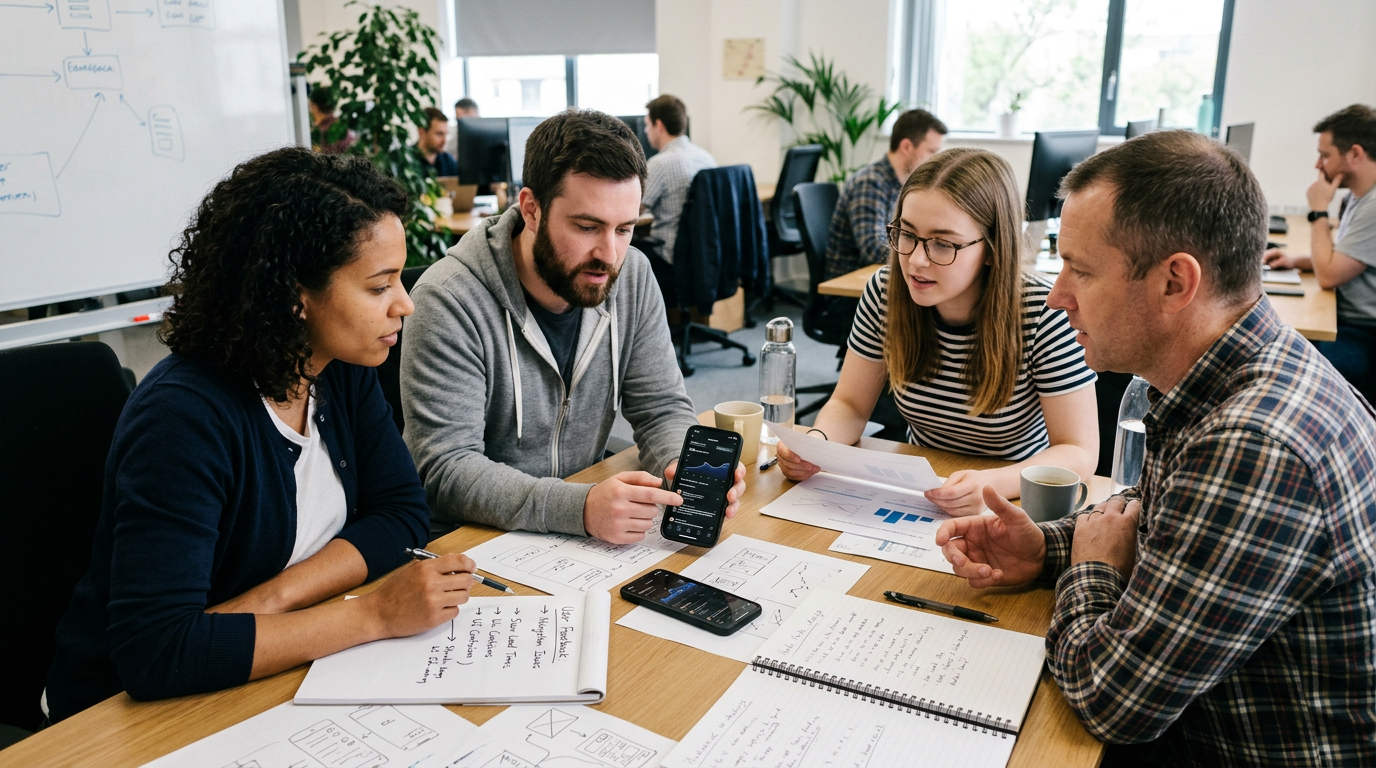 제품 논의 중인 소규모 팀이 종이 메모와 스마트폰을 보며 앱 피드백 패턴을 검토하는 분석적인 에디토리얼 장면, 현실적인 사무실 환경, 자연스럽고...