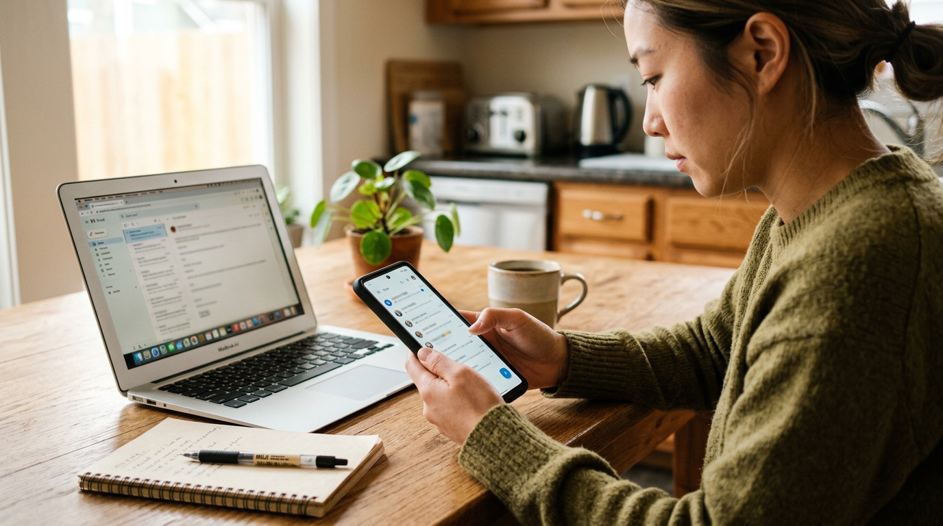 주방 테이블에서 스마트폰으로 개인 연락과 업무 연락을 정리하는 사람의 사실적인 클로즈업, 옆에는 노트북이나 메모장이 놓여 있고 읽을 수 있는 U...