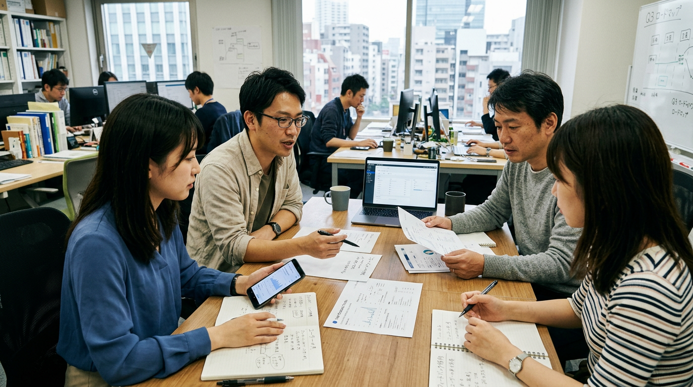 小さなチームがアプリのフィードバック傾向を紙のメモとスマートフォンで確認しながらプロダクトについて議論している、分析的な編集記事風シーン。日本のオフィスらしい現...