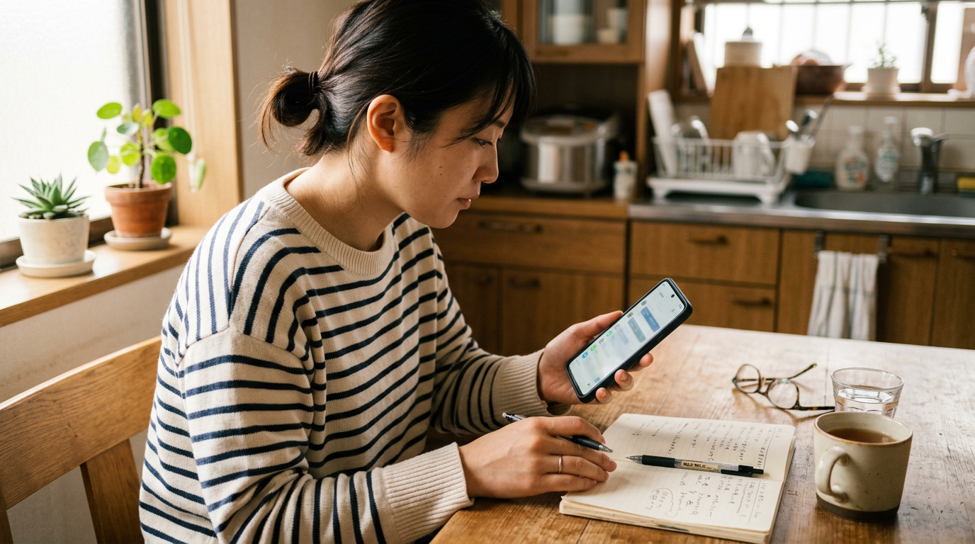 キッチンテーブルでスマートフォンを使い、私用と仕事用の連絡を整理している人物のリアルなクローズアップ。近くにノートがあり、読めるUIテキストは出さずにメッセージ...