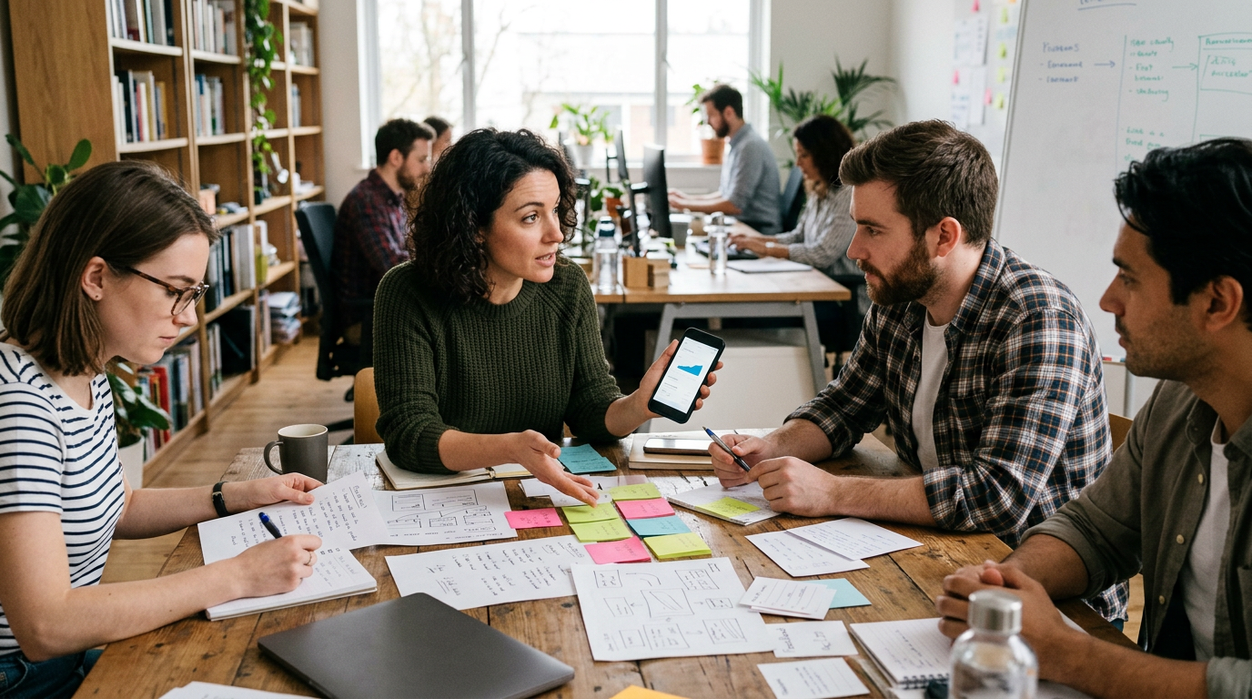 Аналитическая редакционная сцена: небольшая команда во время продуктового обсужд...