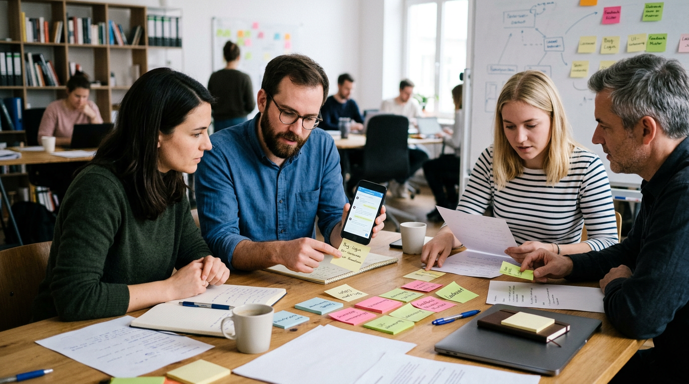 Analytische redaktionelle Szene, in der ein kleines Team während einer Produktbe...