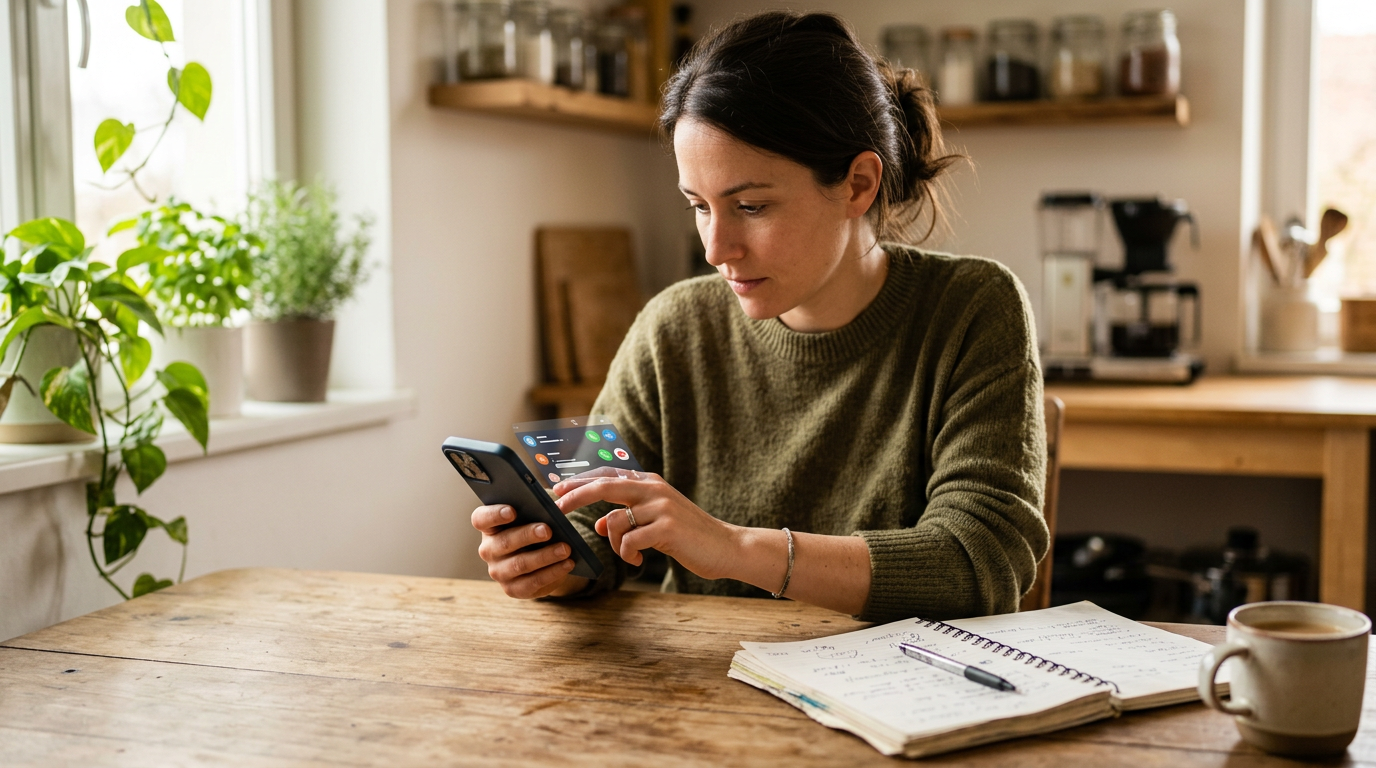 תקריב ריאליסטי של אדם שמארגן תקשורת אישית ותקשורת עבודה על סמארטפון ליד שולחן מט...