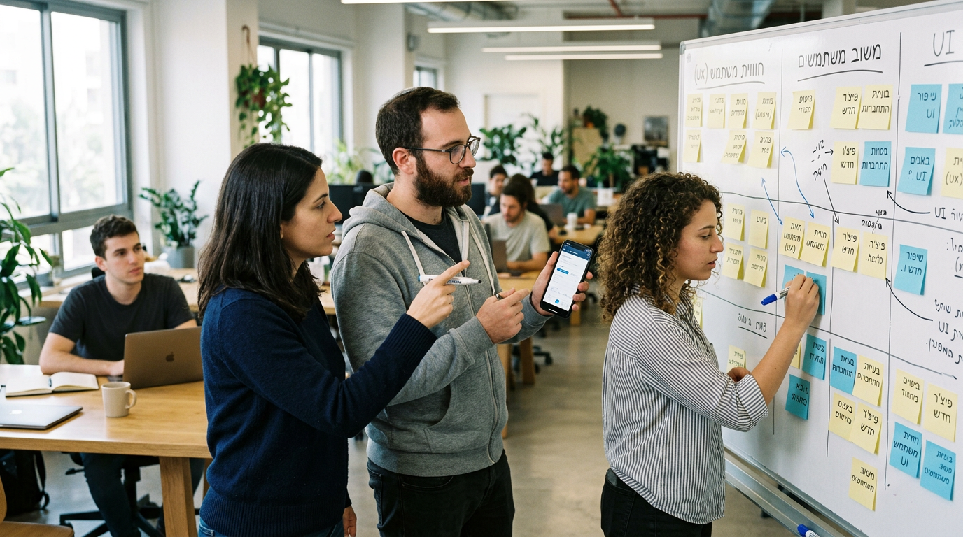 סצנה מערכתית אנליטית המציגה צוות קטן שבוחן דפוסי משוב על אפליקציה באמצעות פתקים ...