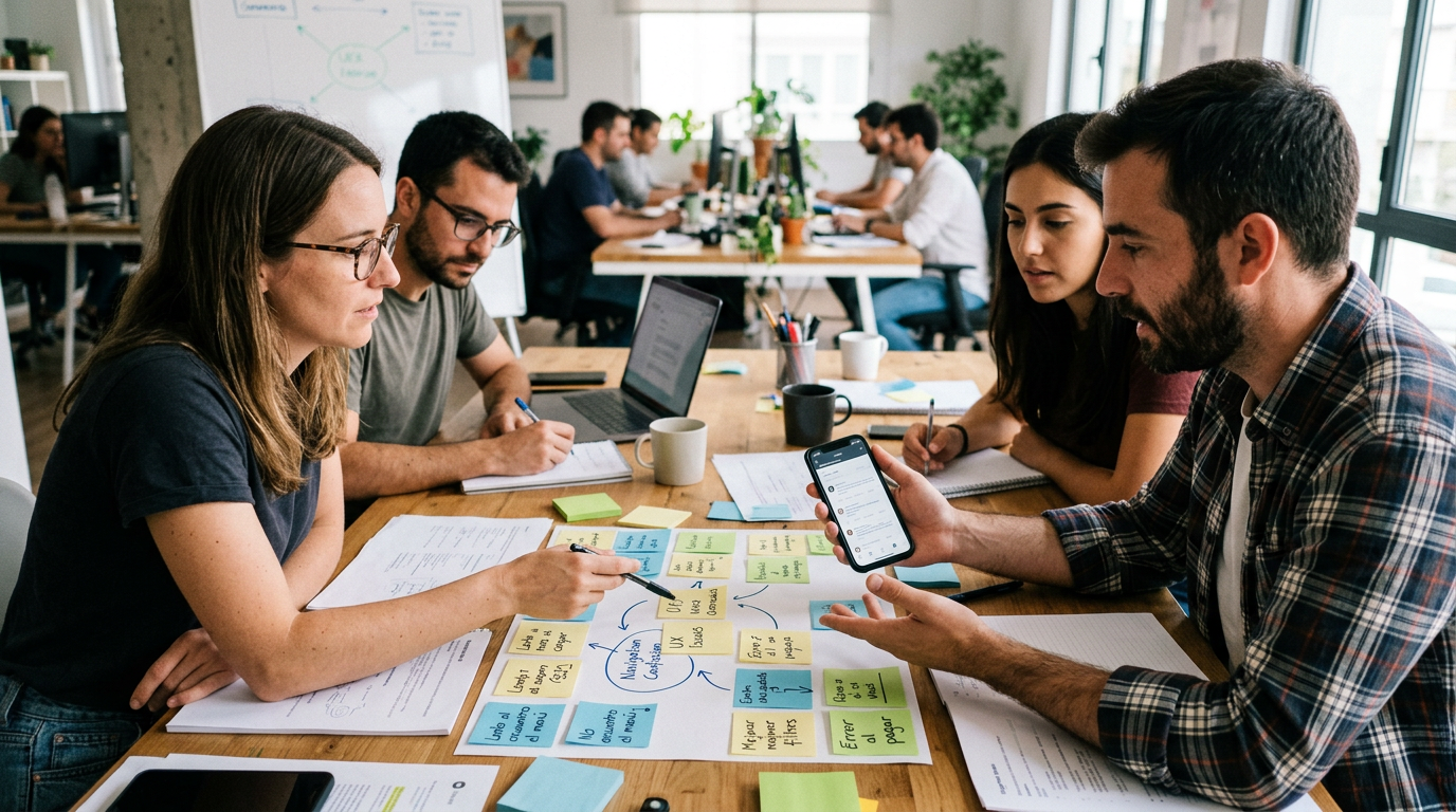 Escena editorial analítica que muestra a un pequeño equipo revisando patrones de...