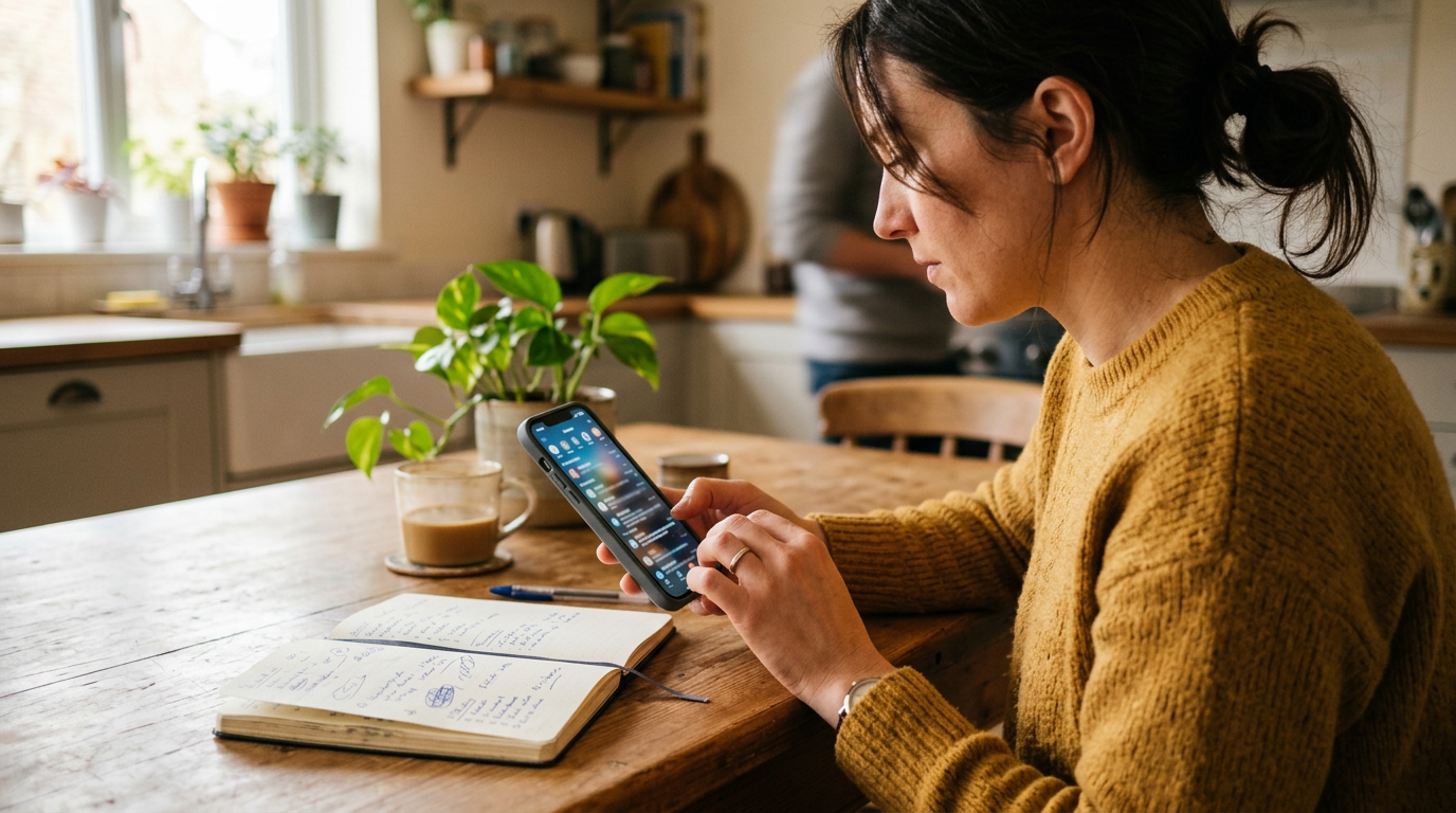 Primer plano realista de una persona organizando su comunicación personal y labo...