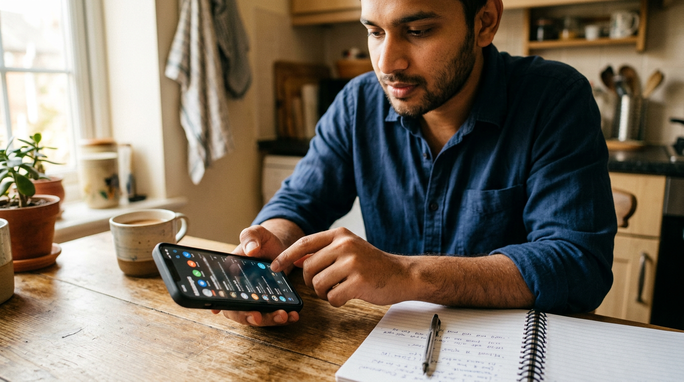 रसोई की मेज़ पर स्मार्टफोन के साथ निजी और कामकाजी संचार को व्यवस्थित करता हुआ एक...