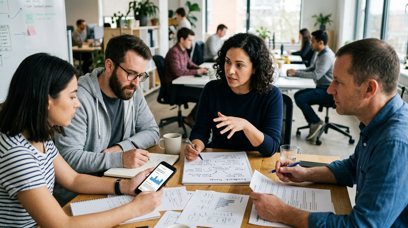 ऐप फीडबैक पैटर्न की समीक्षा करती हुई एक छोटी टीम का विश्लेषणात्मक संपादकीय दृश्य...