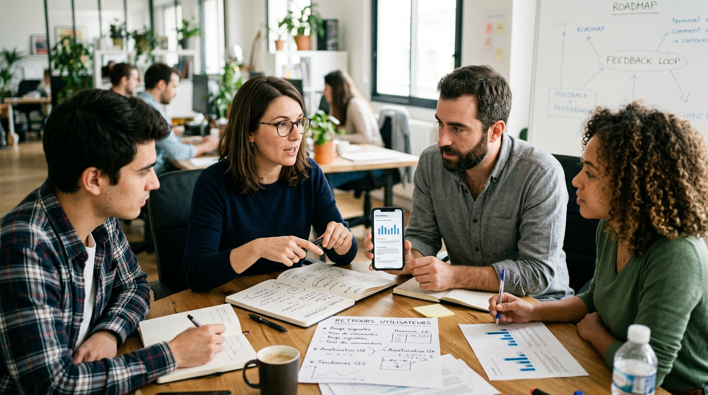 Scène éditoriale analytique montrant une petite équipe examinant des tendances d...