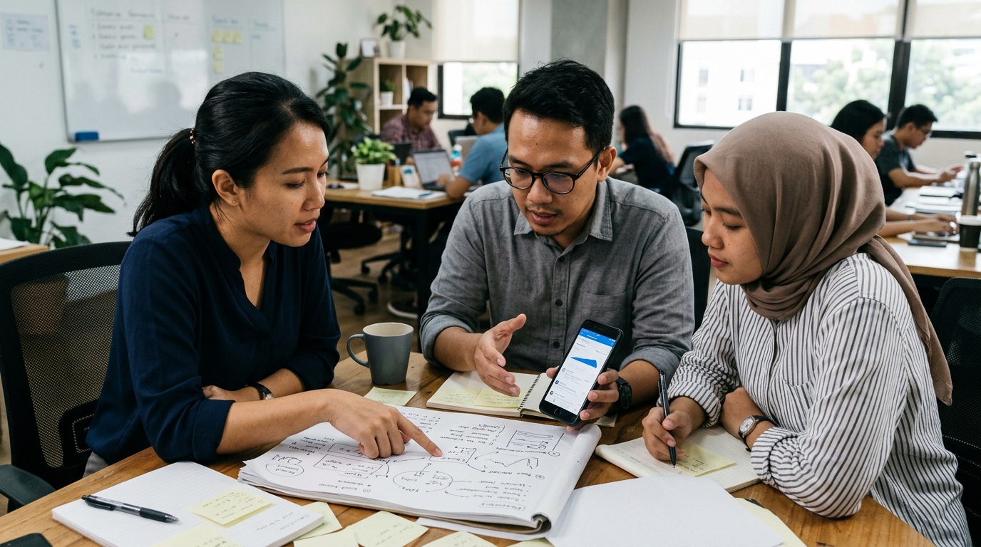 Adegan editorial analitis yang menampilkan tim kecil sedang meninjau pola feedba...