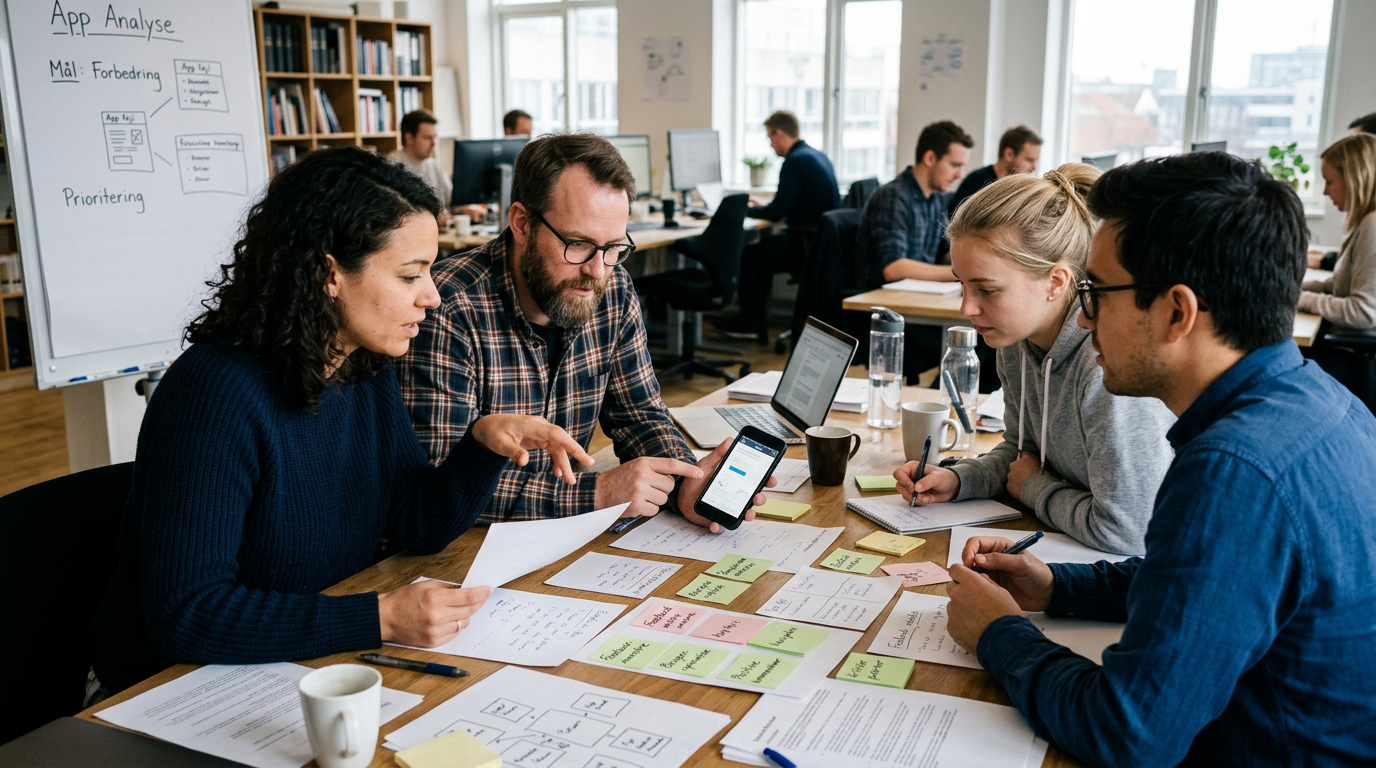Analytisk redaktionel scene, der viser et lille team gennemgå mønstre i appfeedb...