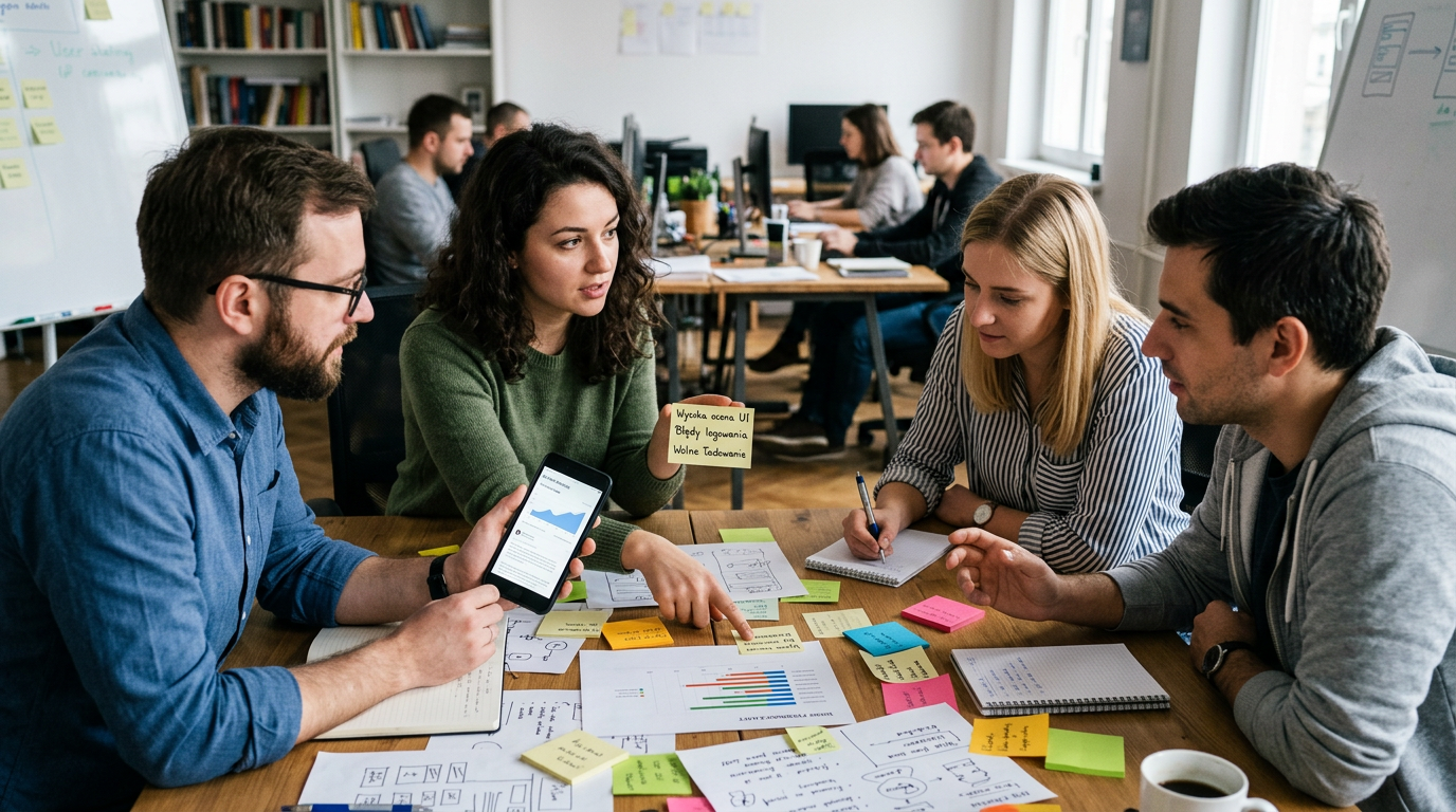 Analityczna scena redakcyjna pokazująca mały zespół analizujący wzorce opinii o ...