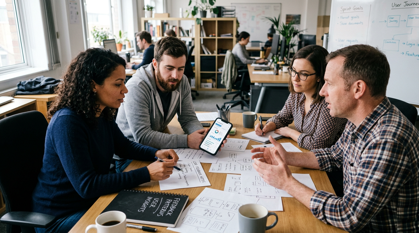 Scena editoriale analitica con un piccolo team che esamina schemi di feedback de...