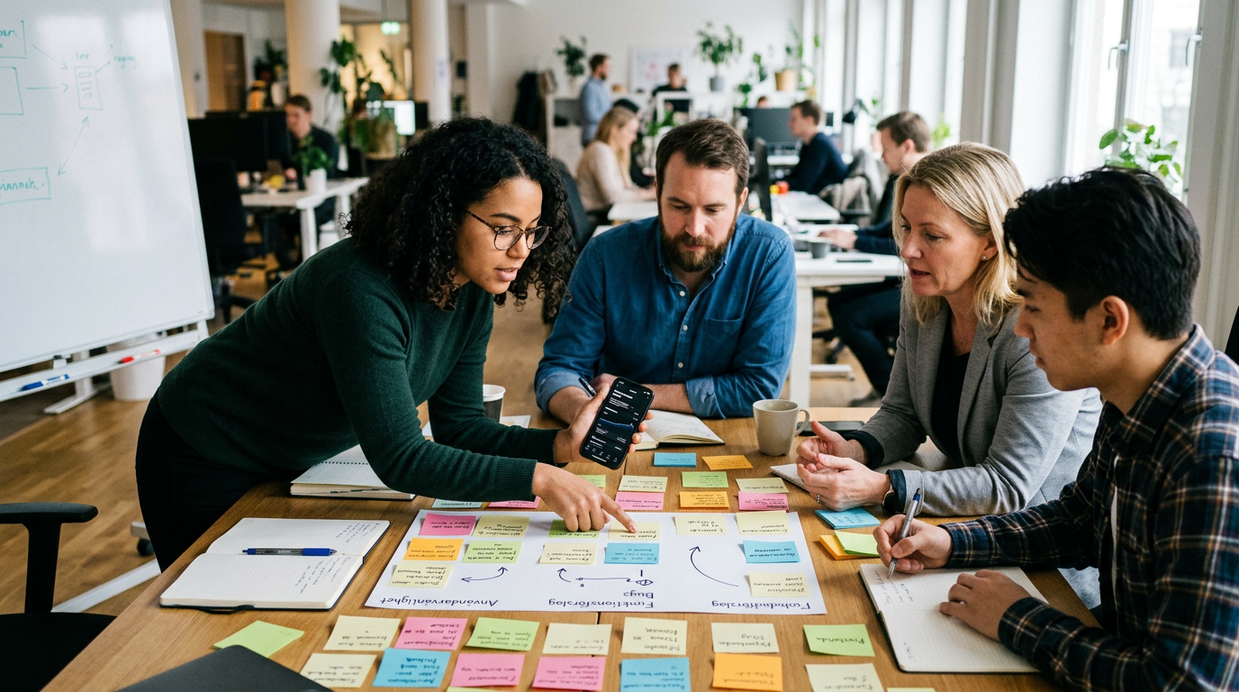 Analytisk redaktionell scen som visar ett litet team som granskar mönster i appf...