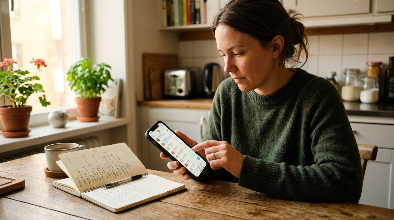 Realistisk närbild av en person som organiserar privat och arbetsrelaterad kommu...