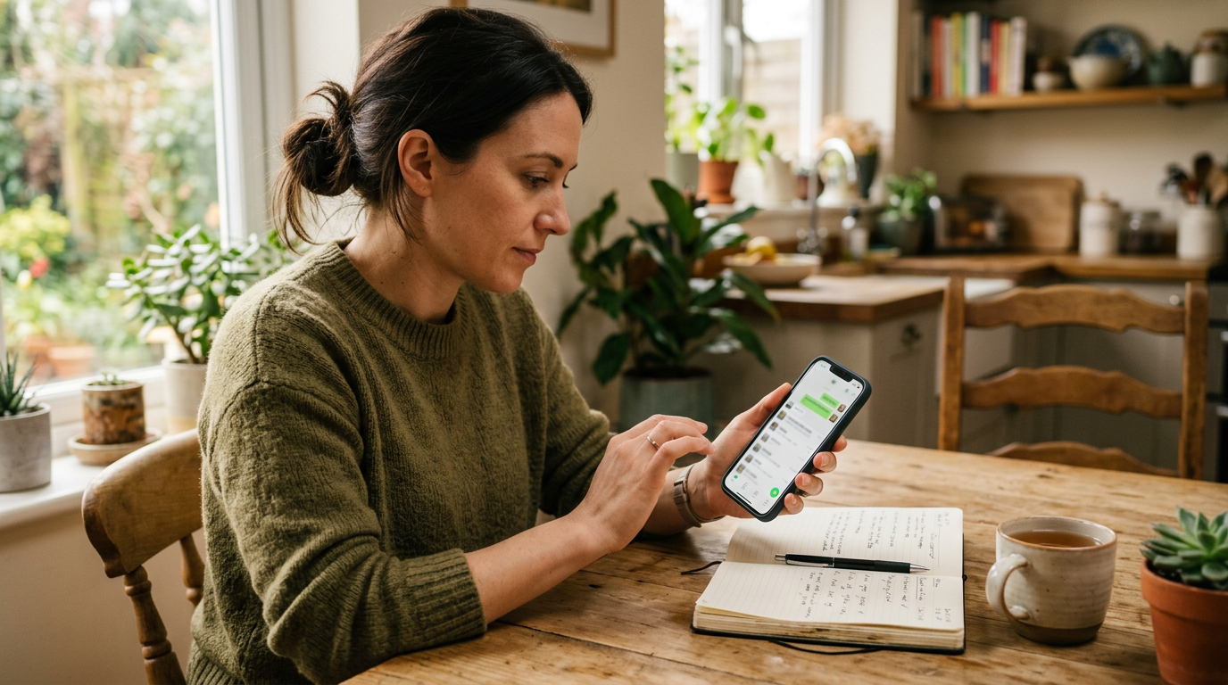 真实生活方式特写：一位用户坐在厨房餐桌旁，用智能手机整理个人与工作沟通，旁边放着笔记本，暗示消息与通话场景，但界面上不要出现可读文字，温暖自然光，无文字叠加，无...