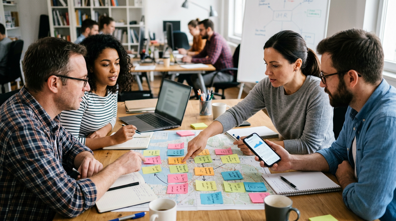 分析型编辑场景：小型团队在产品讨论中查看纸质便签和智能手机上的应用反馈模式，真实办公环境，自然抓拍构图，不出现明显品牌标志，无文字叠加，无水印。手机背面绝对不能...