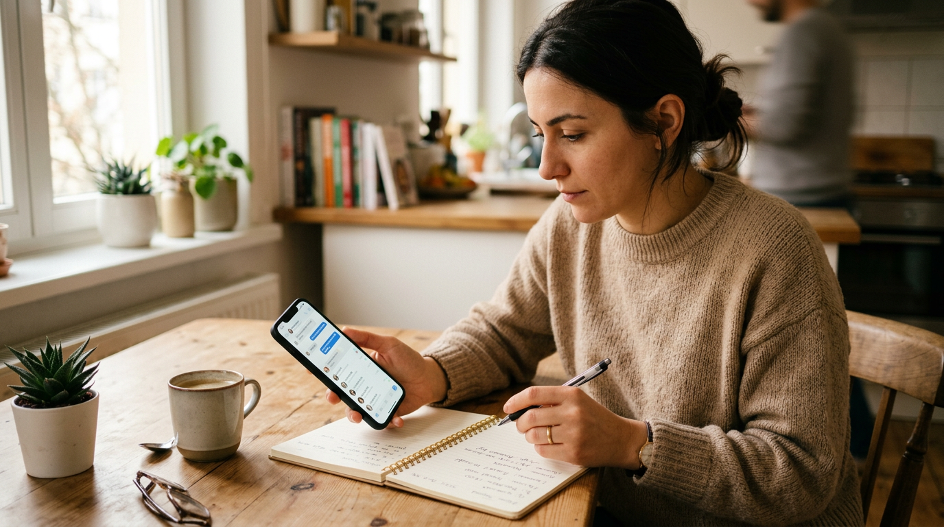 Bir kişinin mutfak masasında akıllı telefon üzerinden kişisel ve iş iletişimini ...
