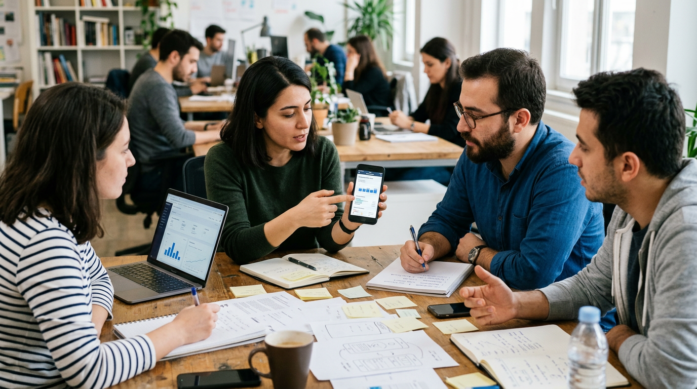 Küçük bir ekibin ürün değerlendirme toplantısında kâğıt notlar ve bir akıllı tel...
