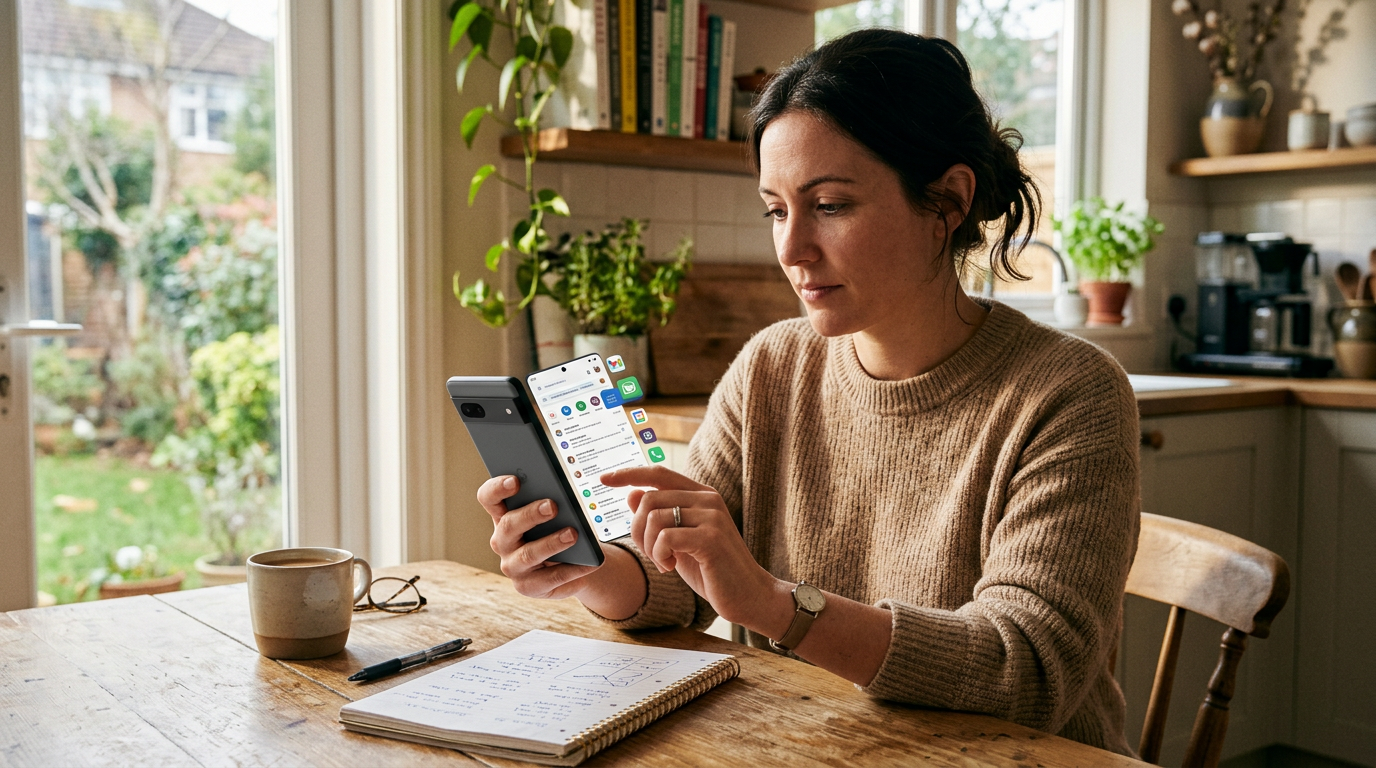 Valósághű közeli kép egy emberről, aki a konyhaasztalnál ülve egy okostelefonon ...