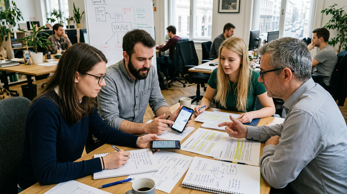 Elemző szerkesztőségi jelenet, amelyen egy kis csapat papírjegyzetek és egy okos...