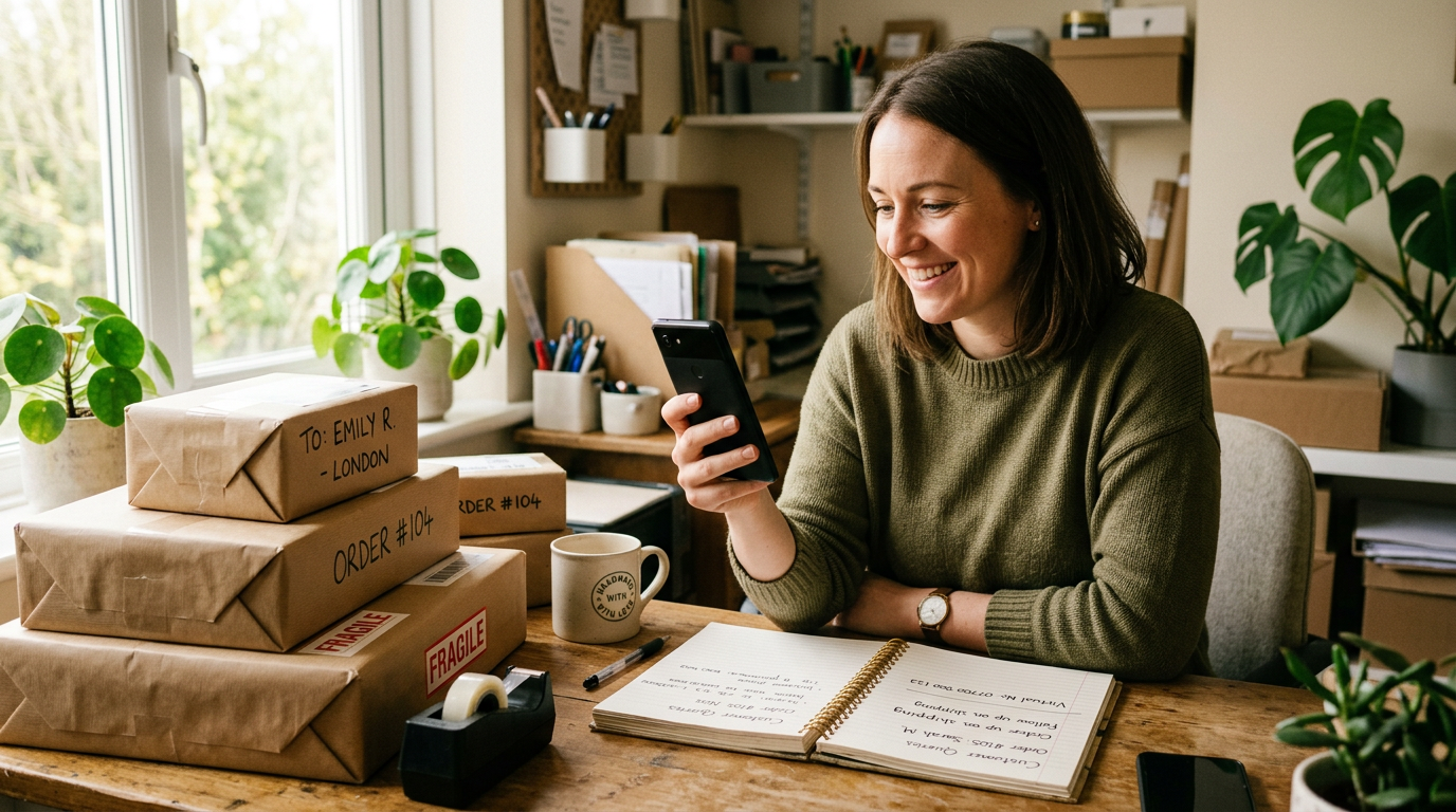 A realistic scene of a small business owner or side hustler at a desk with parce...