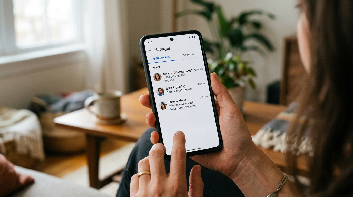 A realistic close-up of a hand holding a smartphone with a clean messaging inter...