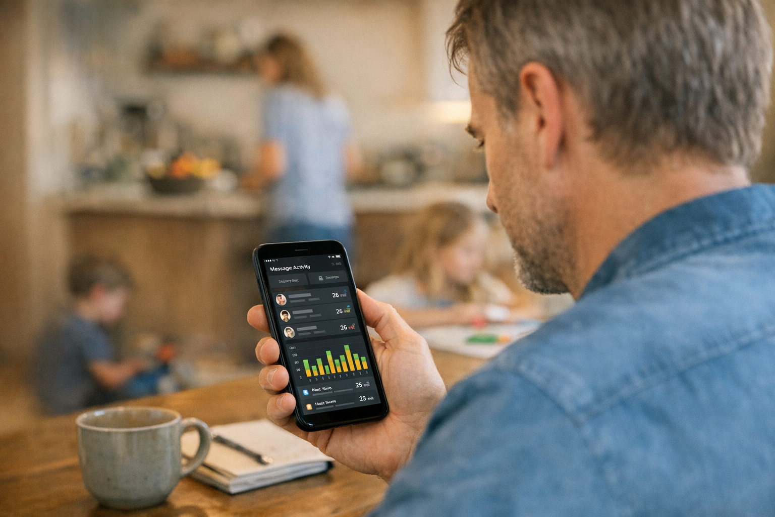 Un ambiente domestico familiare realistico con un adulto che guarda lo smartphone per controllare l’attività di messaggistica...
