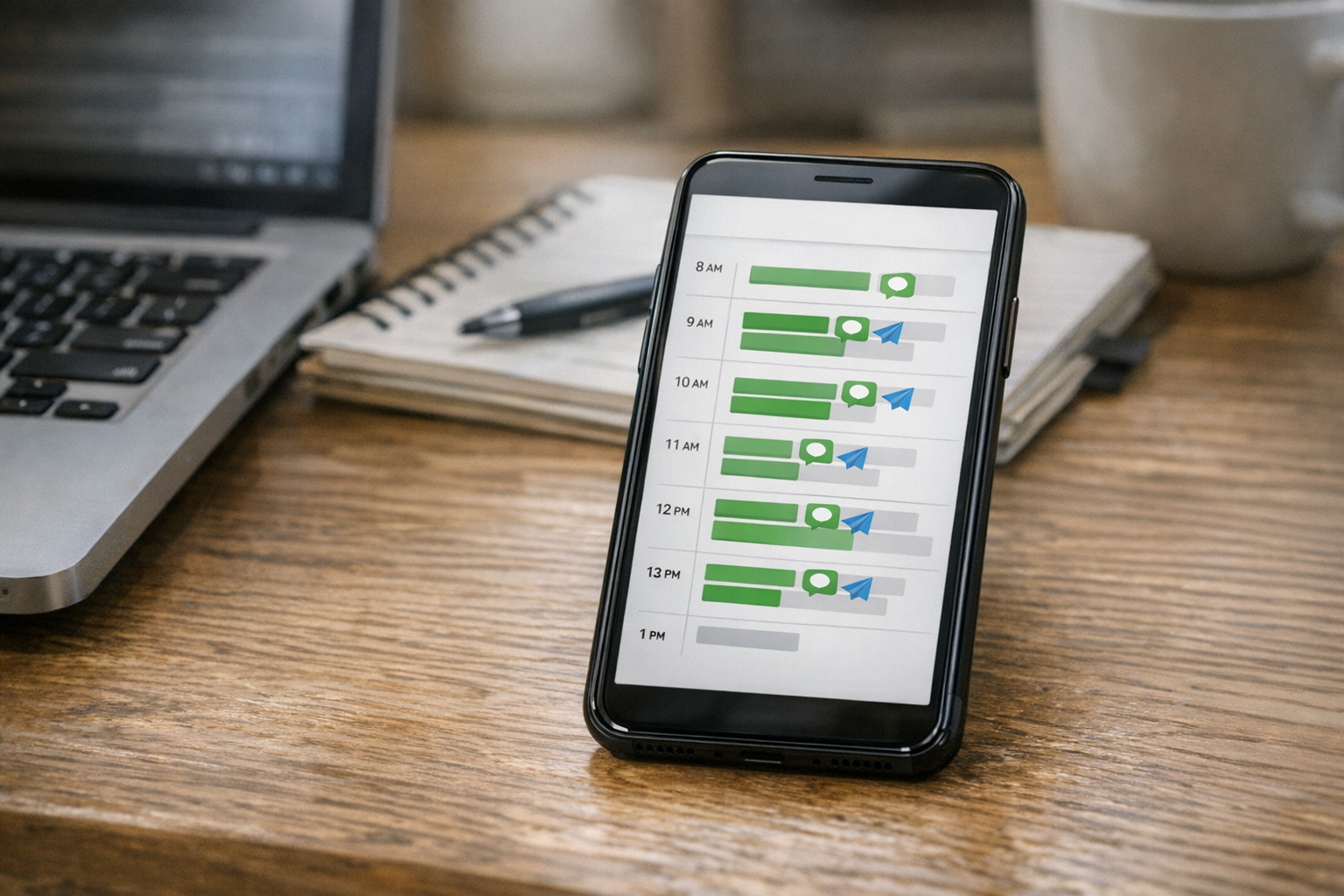 Nahaufnahme eines Smartphones auf einem Tisch mit einer klaren generischen Zeitl...