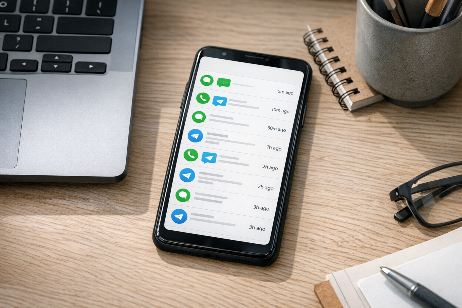 Close-up smartphone di atas meja menampilkan antarmuka timeline aktivitas online...