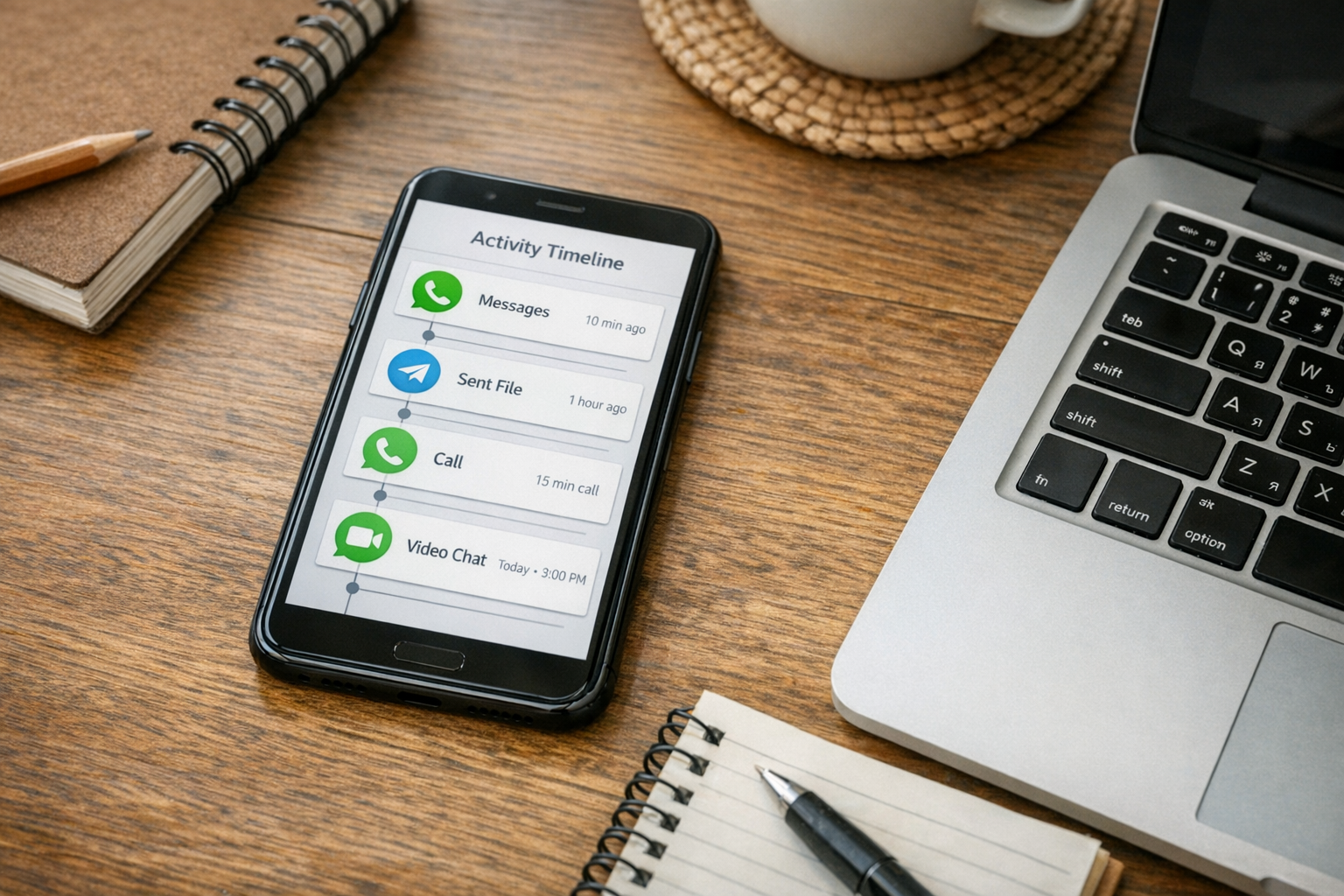 テーブルの上のスマートフォンに、見やすく整理された汎用的なオンライン活動タイムライン画面が表示され、その横にノートPCが置かれている日本の家庭的なワークスペース...