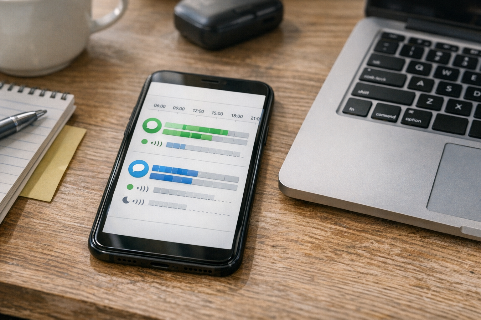 Közeli kép egy asztalon fekvő okostelefonról, amelyen letisztult, általános onli...